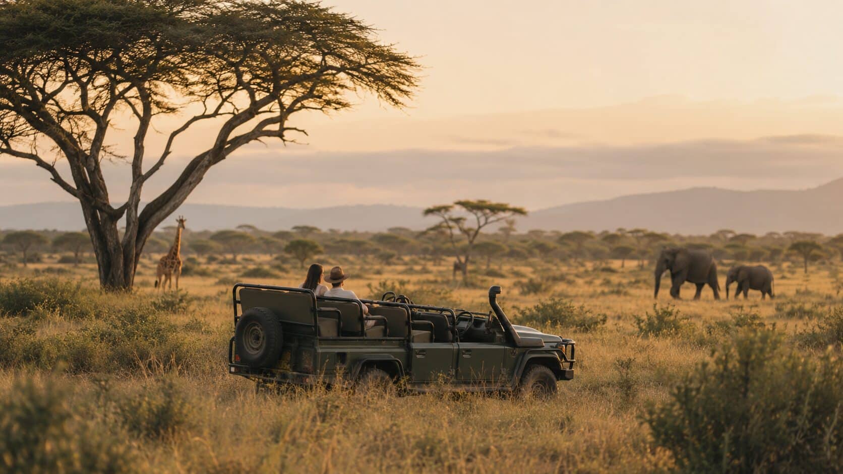 Afrika Reisen für Paare mit Safari-Fahrzeug in der Savanne, während ein Paar Elefanten und Giraffen bei warmem Abendlicht beobachtet.