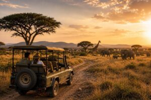 Afrika Reisen Tipps mit offenem Safari-Fahrzeug in weiter Savanne bei warmem Abendlicht, Elefanten und Giraffen in natürlicher afrikanischer Landschaft während einer Safari-Reise.