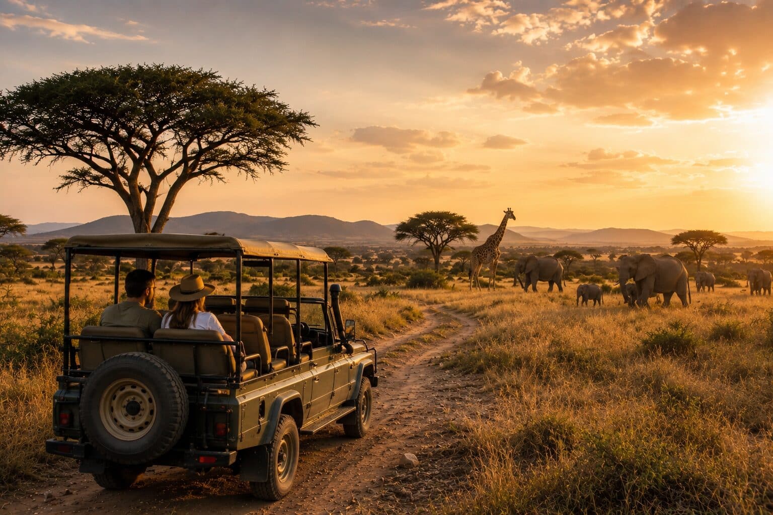 Afrika Reisen Tipps mit offenem Safari-Fahrzeug in weiter Savanne bei warmem Abendlicht, Elefanten und Giraffen in natürlicher afrikanischer Landschaft während einer Safari-Reise.