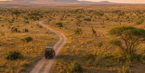 Safari-Urlaub in Afrika mit offenem Safari-Fahrzeug auf einer geschwungenen Piste durch die Savanne, umgeben von Elefanten, Giraffen und Akazien im warmen Abendlicht.