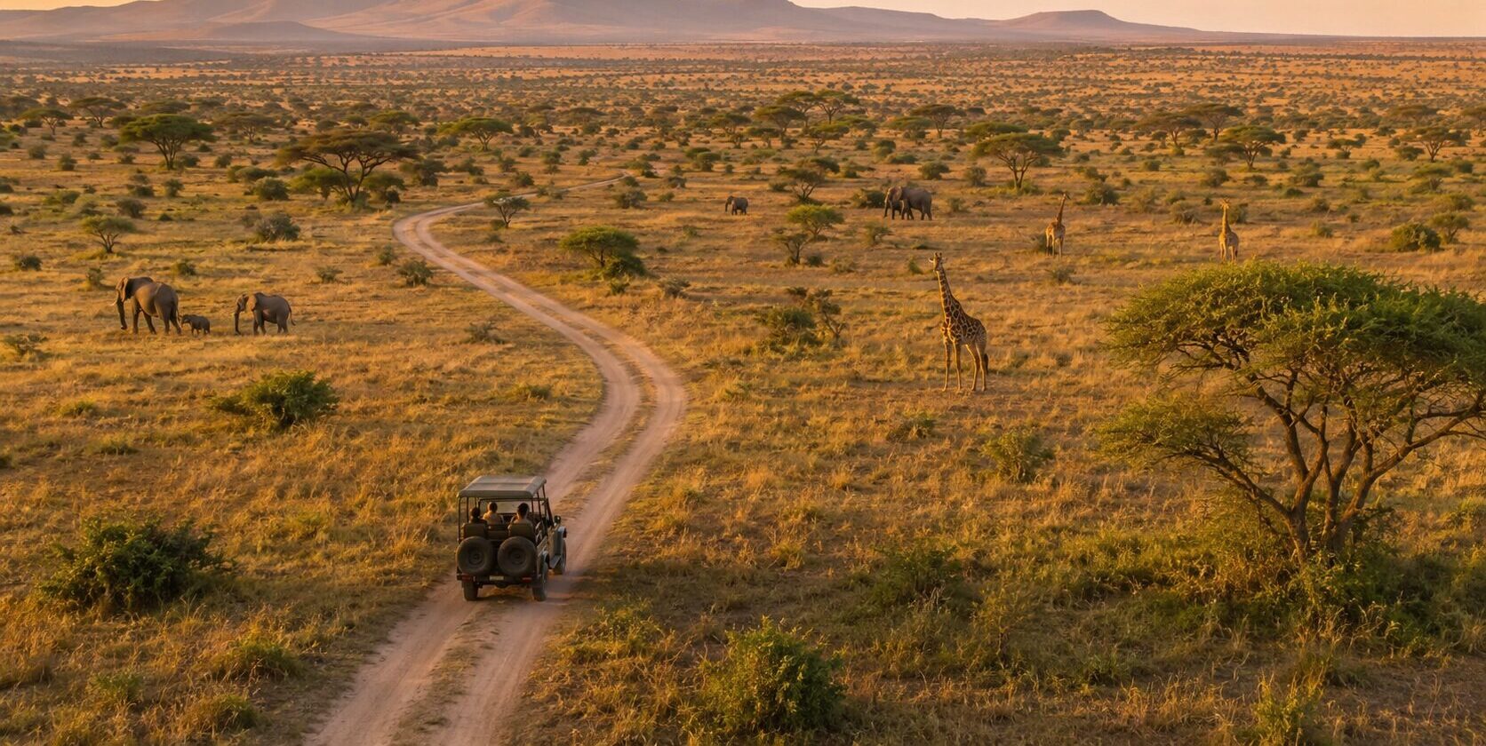Safari-Urlaub in Afrika mit offenem Safari-Fahrzeug auf einer geschwungenen Piste durch die Savanne, umgeben von Elefanten, Giraffen und Akazien im warmen Abendlicht.
